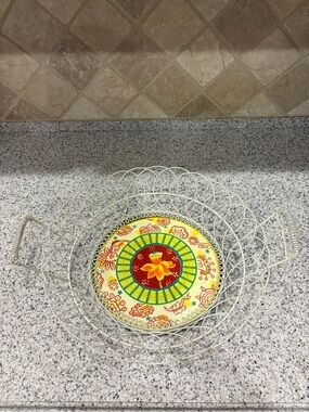 VTG Hand Painted Ceramic Red Pottery Fruit Wire Basket Cottage core Farm House